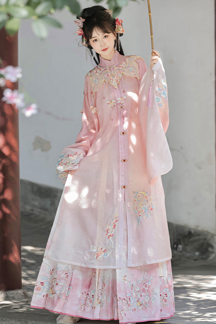 Pink [Spring Scenery Gardens] Collar High Waisted Embroidered Women's Sweet Hanfu Dress Set - Pink - 1