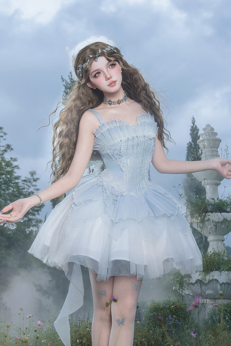 Blue [Spirit in the Mist] Square Collar Sleeveless Ruffled Pearl Detail Sweet Elegant Lolita Jsk Dress - Blue - 1