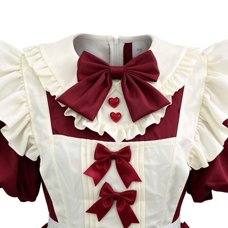 Burgundy and White Lace Gothic Maid Lolita Dress Set with Bell Bows - view 5