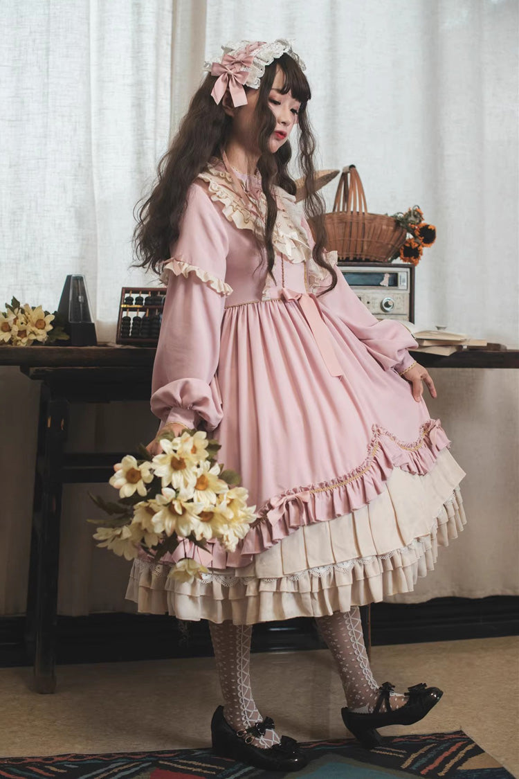 Pink Long Sleeves Ruffle Bowknot Daily Sweet Princess Lolita Dress - Product - 4