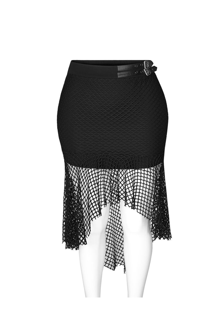 Black Side Leather Clasp Splice Rough Mesh Irregular Hem Plus Size Knit Women's Punk Fishtail Skirt - Product - 4