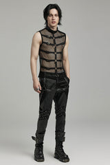 Black Stand Collar Sleeveless Straps Mesh Buckle Men's Punk Vest - Product - 4