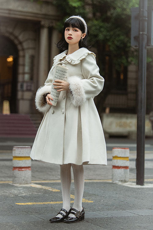 Ivory Double Breasted Bowknot Plush Long Sleeves Fake Two-Piece Woolen Lolita Coat - Product - 4