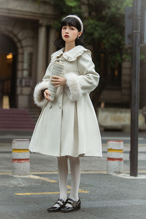 Ivory Double Breasted Bowknot Plush Long Sleeves Fake Two-Piece Woolen Lolita Coat - Product - 4