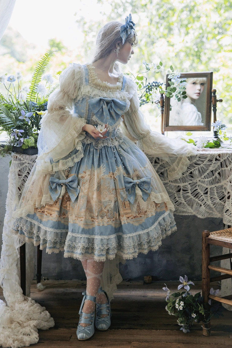 Blue [Unicorn] Print Sleeveless Multi-Layered Embroidery Bowknot Lace Sweet Lolita Jsk Dress - Product - 10