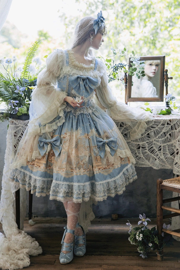 Blue [Unicorn] Print Sleeveless Multi-Layered Embroidery Bowknot Lace Sweet Lolita Jsk Dress - Product - 10