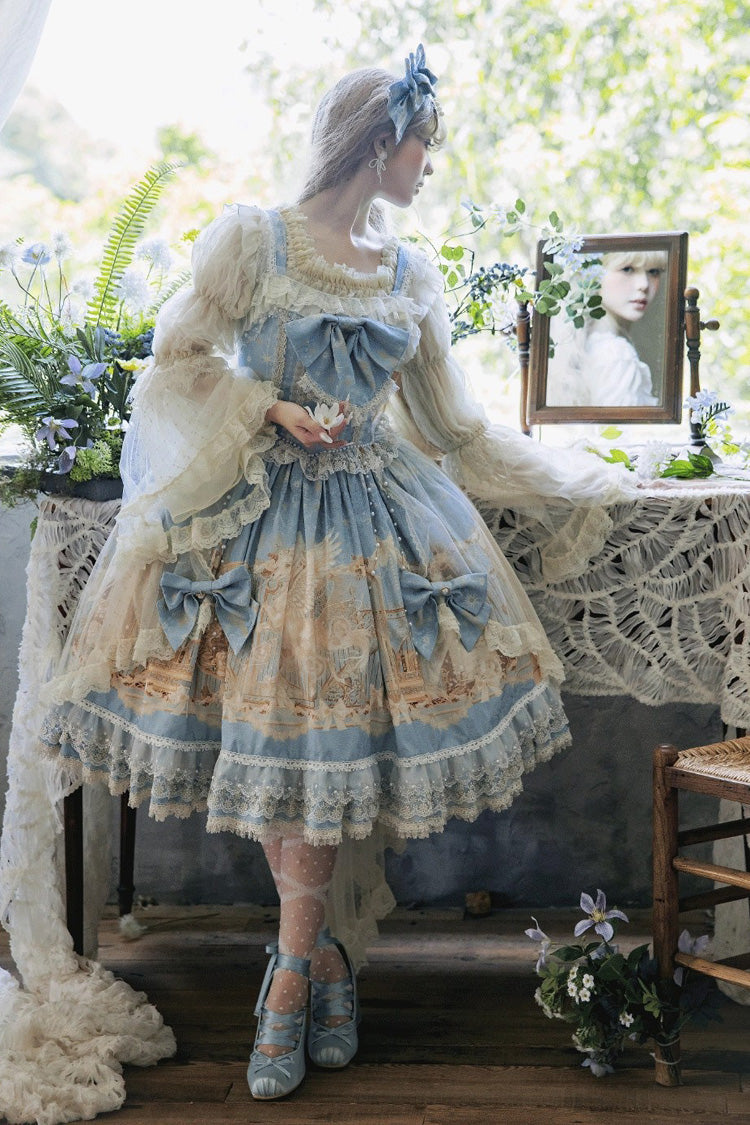 Blue Unicorn Print Sleeveless Multi-Layered Embroidery Bowknot Lace Sweet (Dress Only) detail view 10