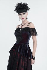 Red Stretch Velvet Eyelash Lace Short-Sleeved One-Shoulder Women's Gothic Strap T-Shirt - Product - 2