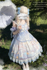 Blue [Walking In The Clouds] Print Ruffle Bowknot Lace Sweet Lolita Jsk Dress Full Set - Product - 2