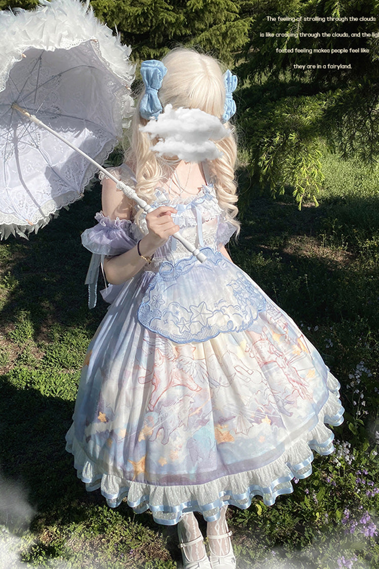 Blue [Walking In The Clouds] Print Ruffle Bowknot Lace Sweet Lolita Jsk Dress Full Set - Product - 2