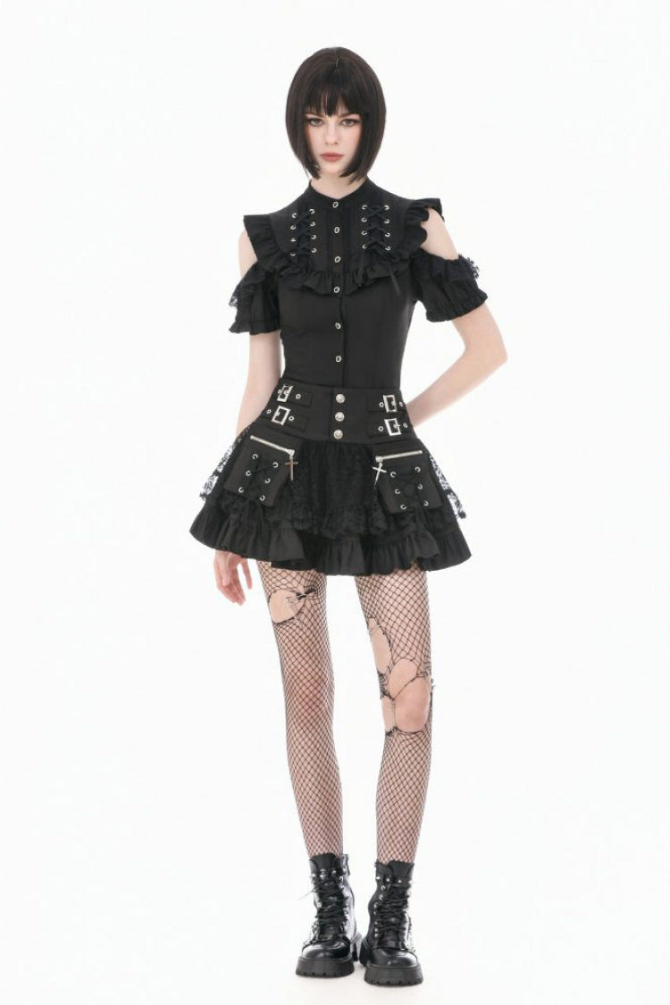 Black High Waisted Multi-Layered Ruffled Lace Patchwork Pocket Women's Punk Mini Skirt - Product - 8