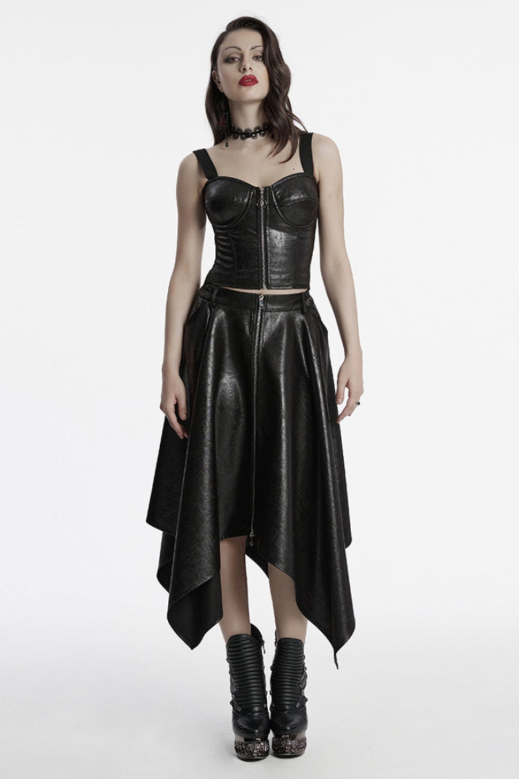 Black Sleeveless Faux Leather Stitching Zipper Women's Punk Vest - Product - 4