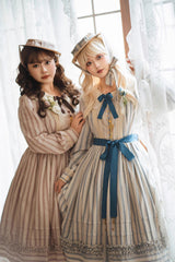 Forest Atlas Striped Print Long Sleeves Bowknot Sweet Lolita Dress 3 Colors - Blue - 1
