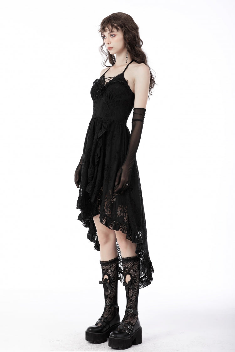Black Off Shoulder Halterneck Ruffled Lace-Up Swallow Tail Floral Lace Women's Gothic Dress - Product - 2