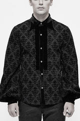 Black Court Pattern Flocking Lantern Sleeves Mens Gothic Blouse - Black - 1
