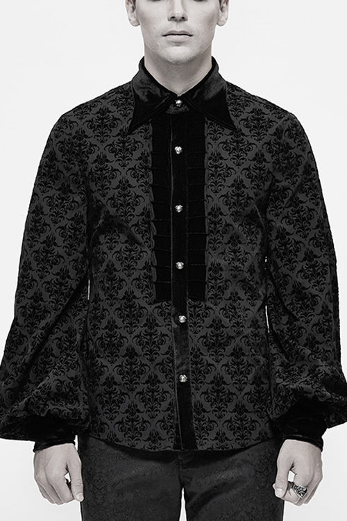 Black Court Pattern Flocking Lantern Sleeves Mens Gothic Blouse - Black - 1