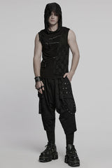Black Sleeveless Hooded Ripped Ruched Men's Punk Vest - Product - 4