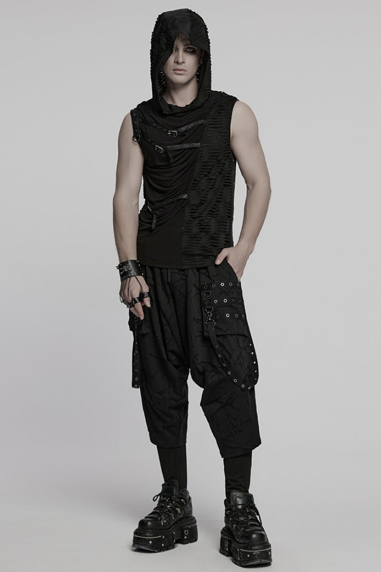 Black Sleeveless Hooded Ripped Ruched Men's Punk Vest - Product - 4