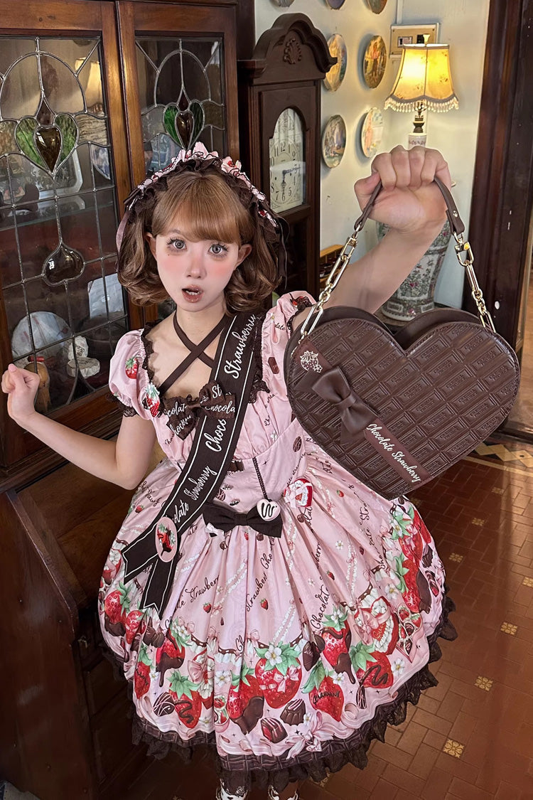 Pink [Strawberry Chocolate Lover] Square Collar Short Sleeves Printed Ruffled Bow Lace Sweet Lolita Dress - Product - 8