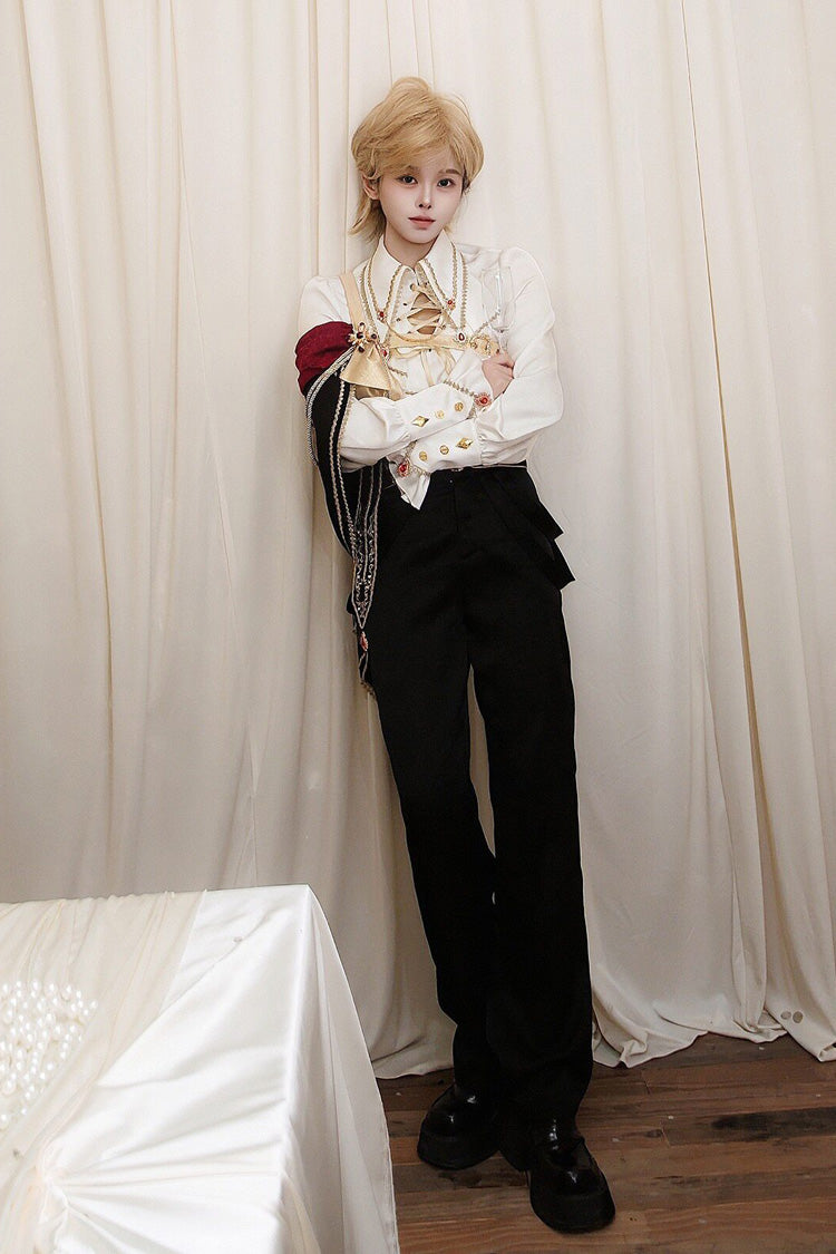Black/White [Oath Knight] Lapel Collar Long Sleeves Ruffled Embroidered Gothic Ouji Lolita Set - Product - 2