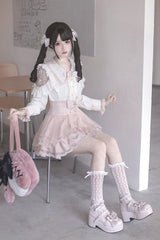 White/Pink [Dreamy Love Ballad] Lapel Collar Long Sleeves Double-Layered Ruffled Cut-Out Bow Gothic Japanese Jirai Kei Skirt Set - Product - 2