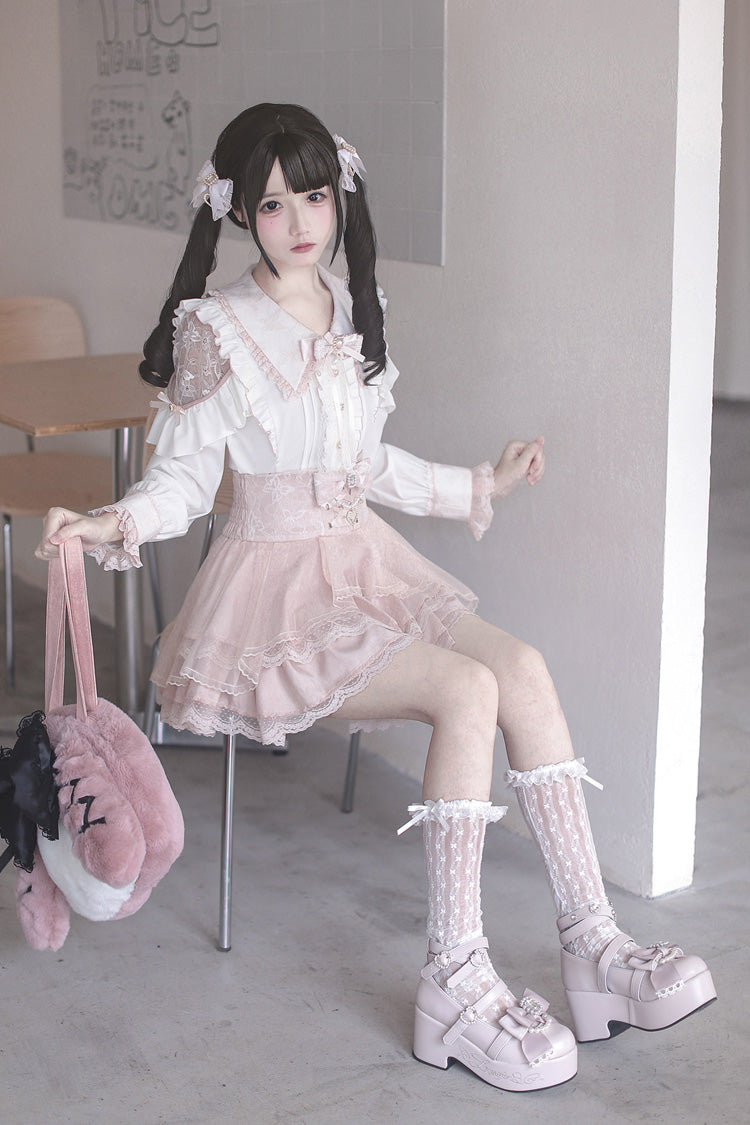 White/Pink [Dreamy Love Ballad] Lapel Collar Long Sleeves Double-Layered Ruffled Cut-Out Bow Gothic Japanese Jirai Kei Skirt Set - Product - 2