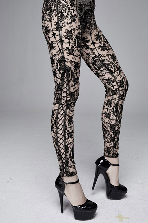Brown Flocking Printing Mesh Side Lace Up Leggings Womens Pants - Product - 6