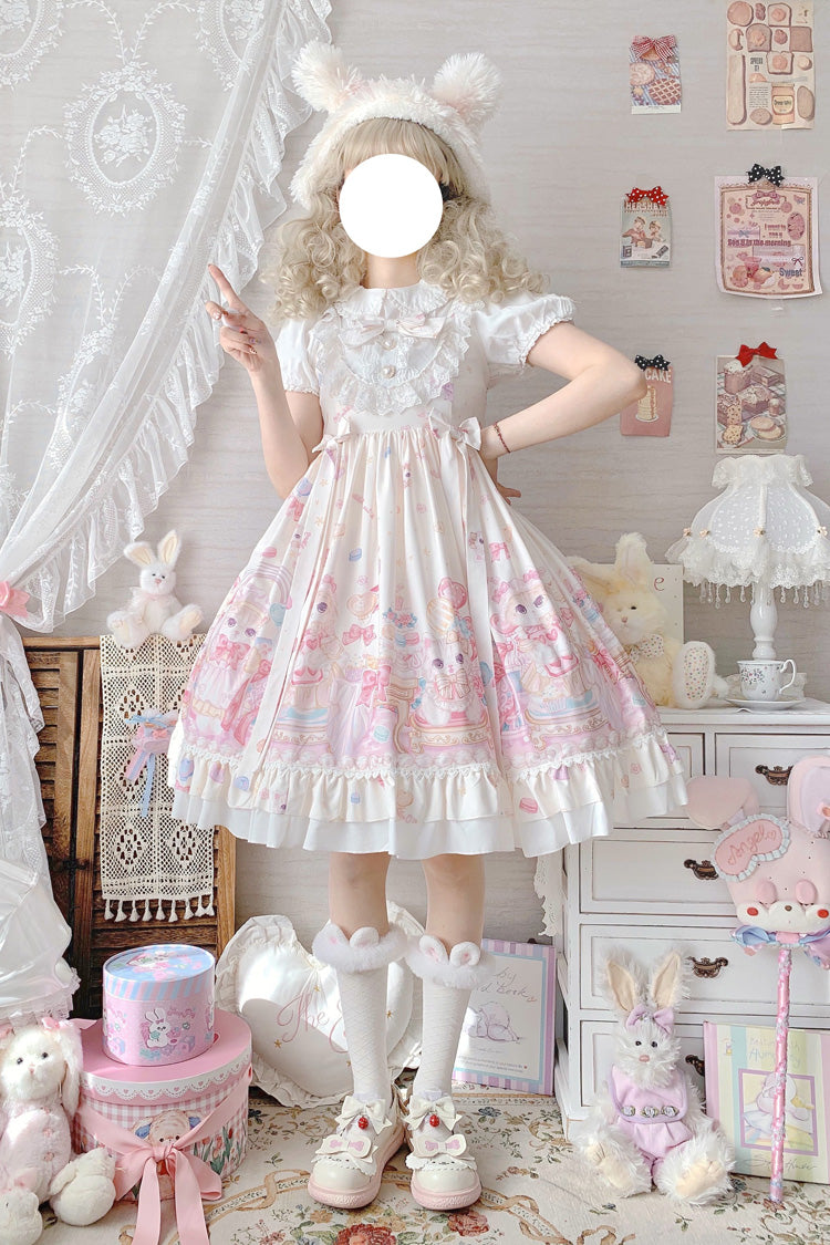 Ivory Cute Cat Print High Waisted Ruffle Bowknot Sweet Princess Lolita JSK Dress - Product - 10