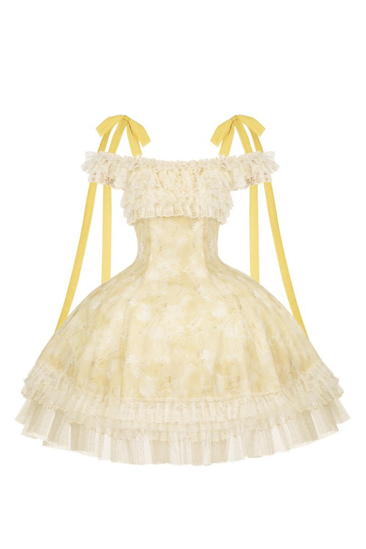Yellow [Falling Flowers as a Message] Square Collar Flying Sleeves Print Ruffle Lace Sweet Elegant Lolita Short Dress - Product - 3