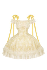 Yellow [Falling Flowers as a Message] Square Collar Flying Sleeves Print Ruffle Lace Sweet Elegant Lolita Short Dress - Product - 3