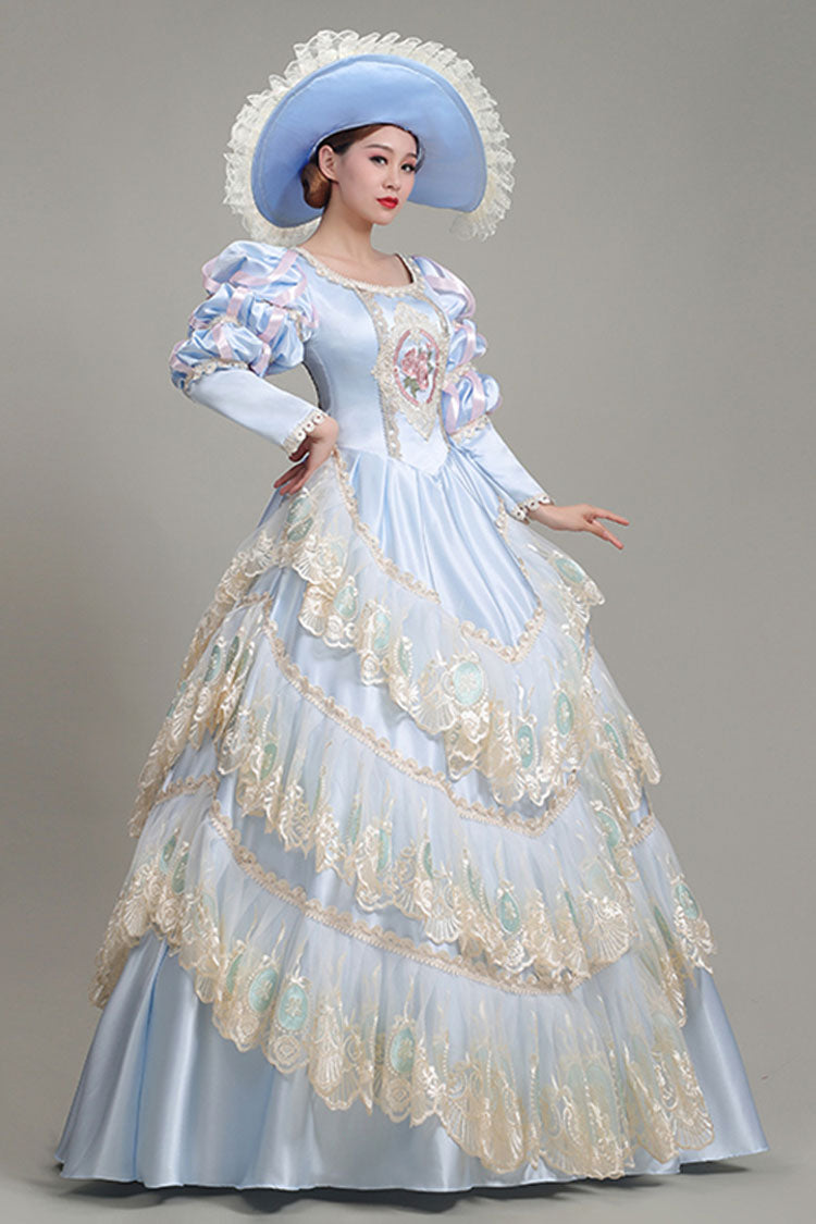 Light Blue Long Sleeves Multi-Layer Lace Stitching High Waisted Hollow Embroidery Floral Print Victorian Lolita Prom Dress - Product - 3