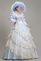 Light Blue Long Sleeves Multi-Layer Lace Stitching High Waisted Hollow Embroidery Floral Print Victorian Lolita Prom Dress - Product - 3