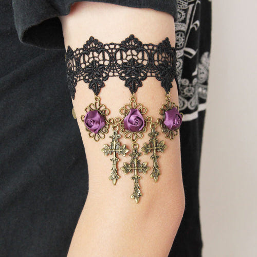 Black Lace Retro Wedding Cross Purple Rose Flower Female Gothic Lolita Armband Bracelet - Product - 2