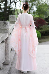 Pink V Collar High Waisted Lace-Up Women's Sweet Hanfu Dress - Product - 4