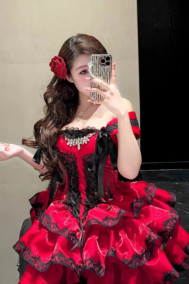 Red [Love Poems of the Heart] Sleeveless Triple-Layered Ruffled Lace Lace-Up Sweet Lolita Jsk Dress - Product - 13