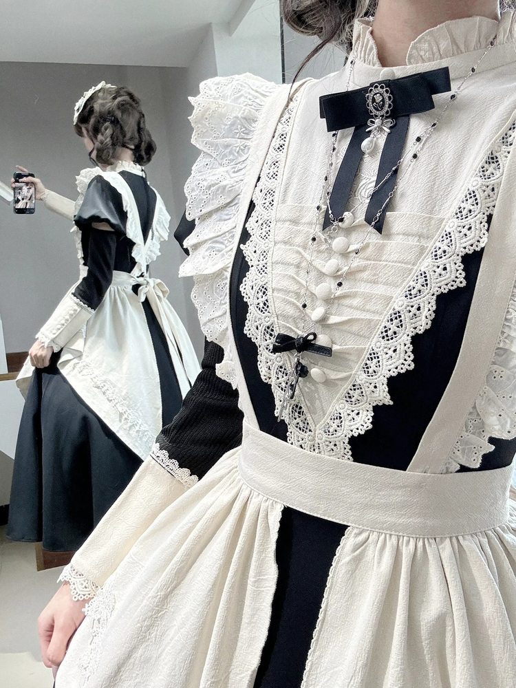 Black and White Plaid Ruffled Maid Lolita Dress with Apron Bow Accent - view 9
