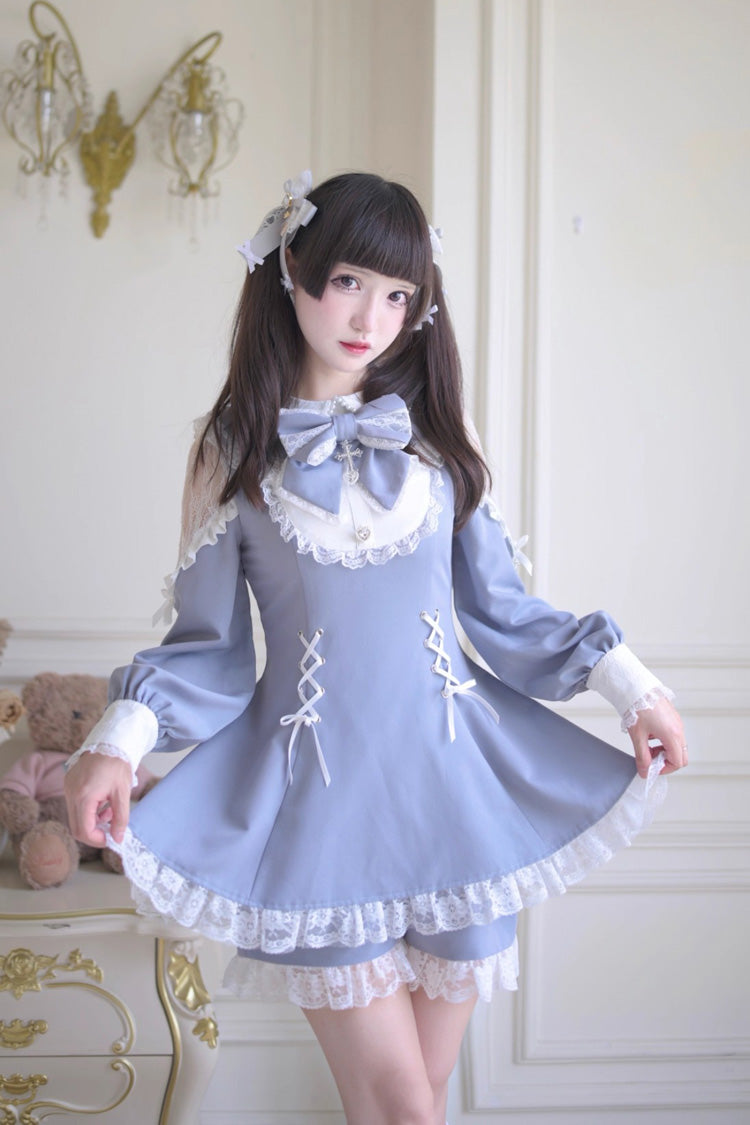Grey/Blue [Divine love] Long Sleeves Hollow Bowknot Lace Lace-Up Sweet Jirai Kei Dress Shorts Set - Product - 4