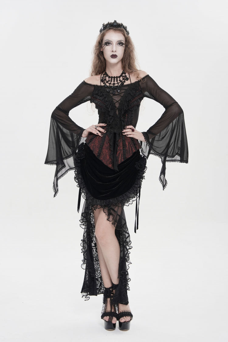 Black/Red Off Shoulder Long Trumpet Sleeves Ruffled Embroidered Lace-Up Women's Gothic Blouse - Product - 14