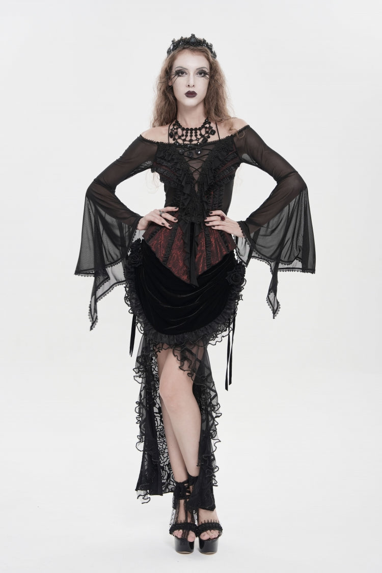 Black/Red Off Shoulder Long Trumpet Sleeves Ruffled Embroidered Lace-Up Women's Gothic Blouse - Product - 14