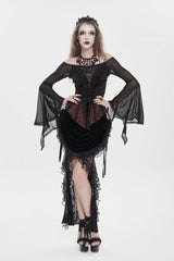 Black/Red Off Shoulder Long Trumpet Sleeves Ruffled Embroidered Lace-Up Women's Gothic Blouse - Product - 14