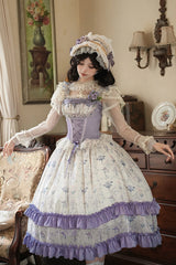 Purple/Ivory [Iris Secrets] Double-Layered Print Ruffle Bowknot Lace-Up Fake Two Pieces Sweet Lolita Jsk Dress - Product - 3