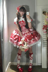 [Dream to Strawberry] Print Ruffle Bowknot Lace Sweet Lolita Jsk Dress 4 Colors - Product - 7