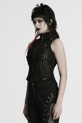 Black Stand Collar Stitching Mesh Buckle Women's Punk Vest - Product - 2
