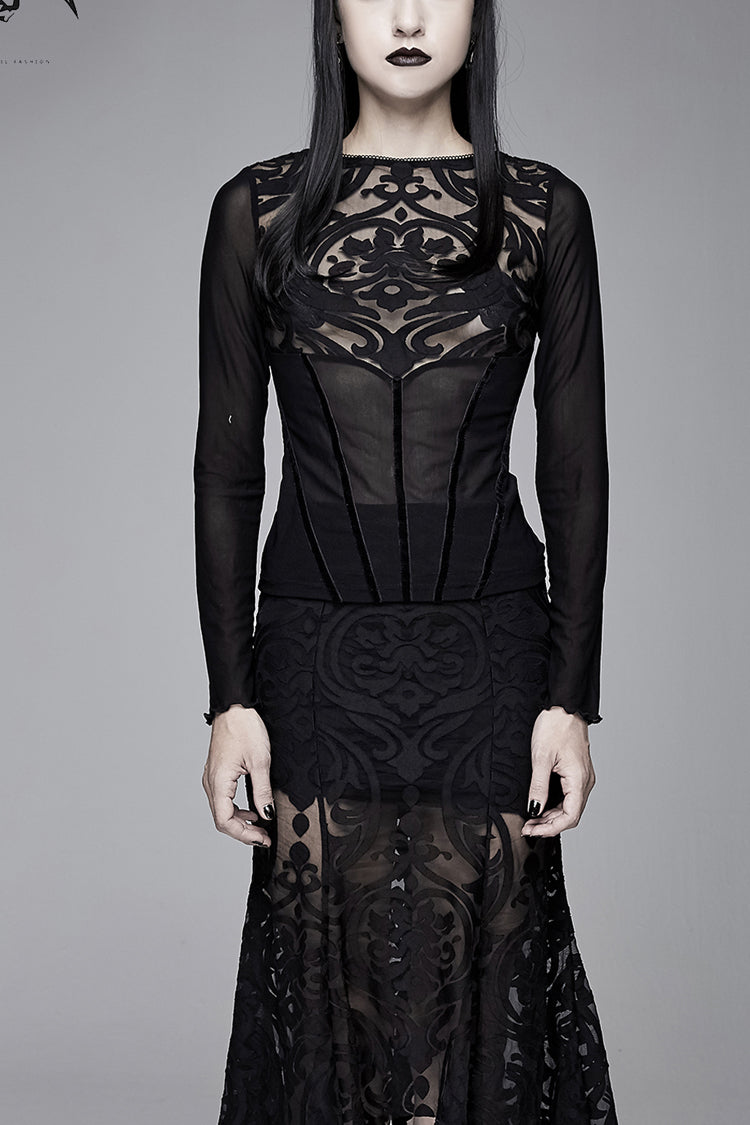 Black Flower Pattern False Girdle Mesh Long Sleeve Women's Gothic T-Shirt - Black - 1