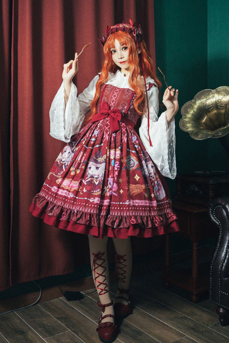 Red [Little Witch] Sleeveless Print Ruffle Bowknot Sweet Elegant Lolita Jsk Dress - Red - 1
