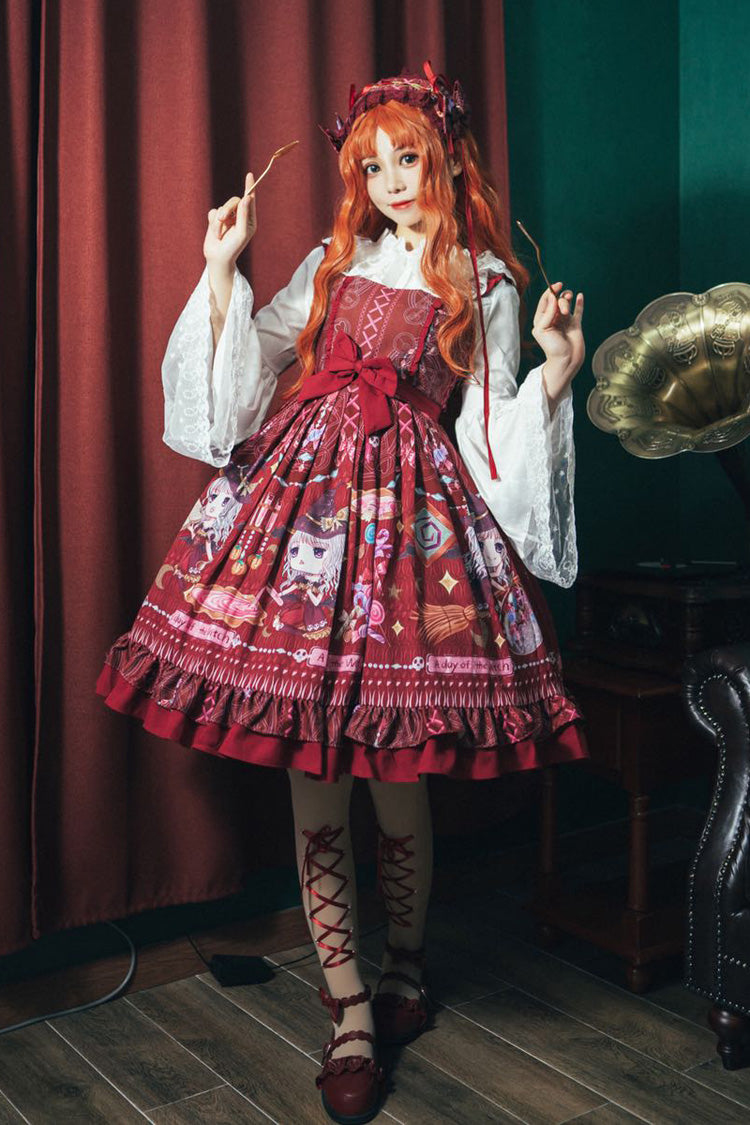 Red [Little Witch] Sleeveless Print Ruffle Bowknot Sweet Elegant Lolita Jsk Dress - Red - 1