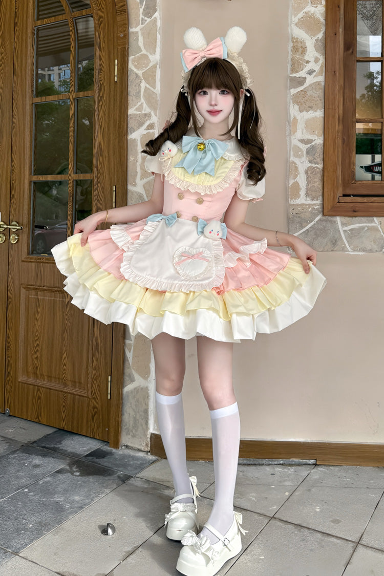 Yellow/Pink [Cream Puffs] Short Puff Sleeves Triple-Layered Ruffle Bowknot Sweet Lolita Dress - Product - 2