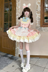 Yellow/Pink [Cream Puffs] Short Puff Sleeves Triple-Layered Ruffle Bowknot Sweet Lolita Dress - Product - 2