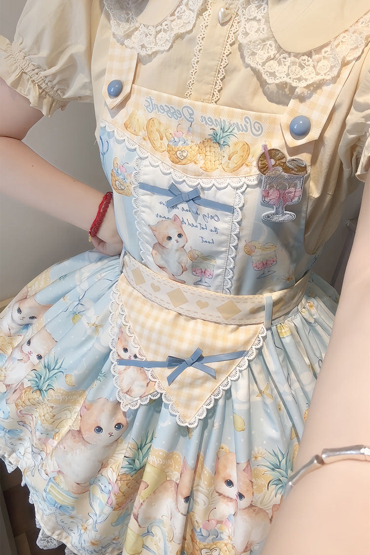 Blue [Pineapple Cat] Print Sleeveless Bowknot Lace Sweet Lolita Strap Dress - Product - 5