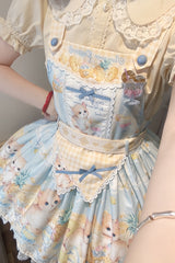 Blue [Pineapple Cat] Print Sleeveless Bowknot Lace Sweet Lolita Strap Dress - Product - 5